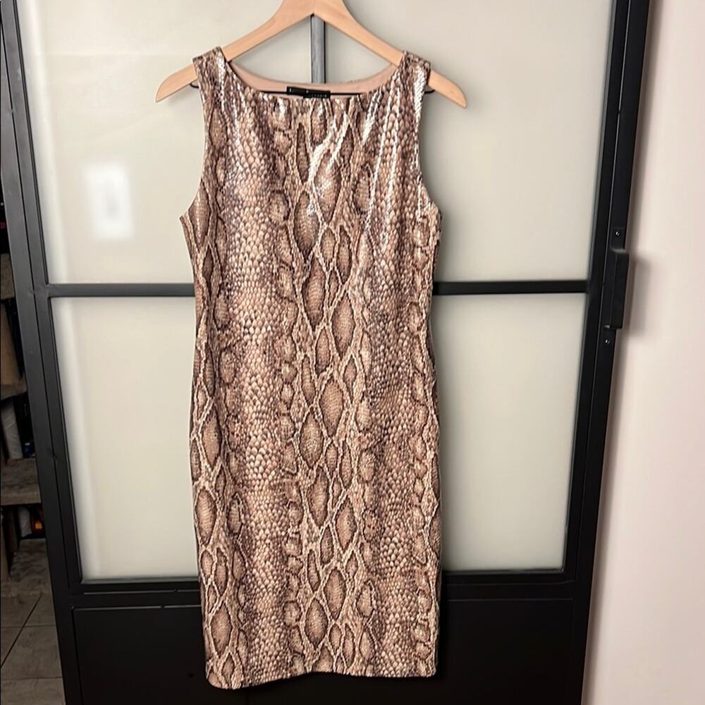 LYNDIA PROCANIK Beige Sheath Dress Size 6 Snake print shimmer Made in USA